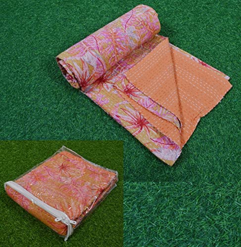V Vedant Designs Indian Kantha Quilt Handmade Floral Print Kantha Bedcover Throw Cotton Blanket Gudari Twin and Queen Size Kantha Quilt (Orange, Queen)