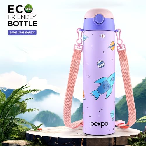 Image of Go24 pexpo Sporty ISI Certified Stainless Steel Water Bottle For School Kids - 700ml (Pack Of 2) | 6+ Years | Sipper Cap | Leakproof & BPA Free | Picnic, Travel, Sport - Purple Rocket UV Print