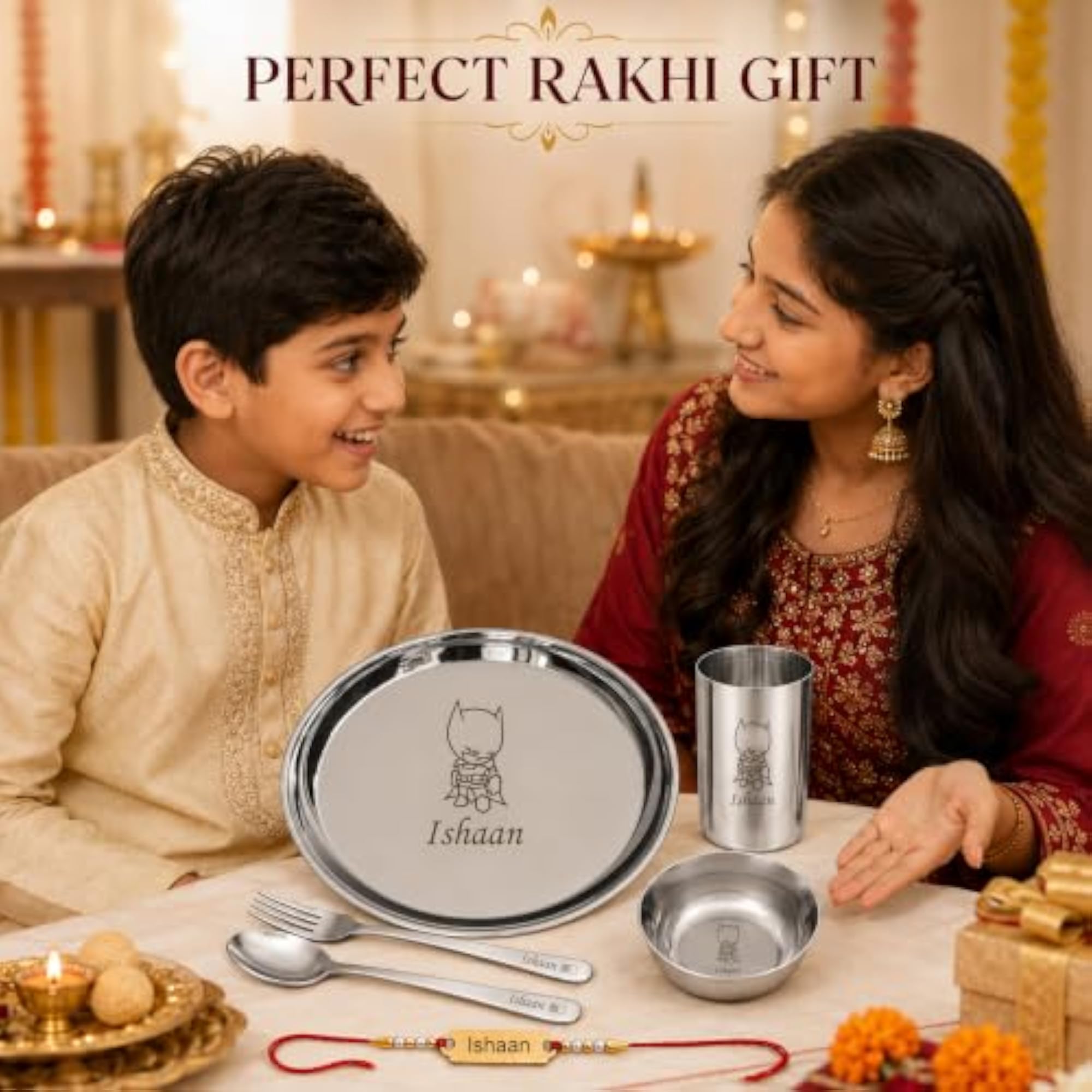 Personalized Stainless Steel Kids Meal Set with Name Engraved Rakhi