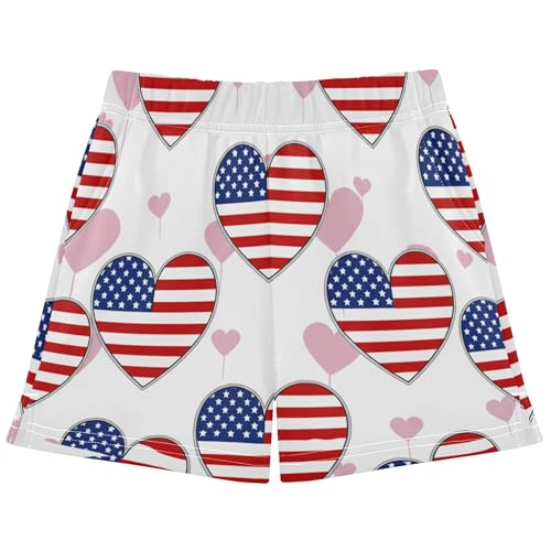 Girls Athletic Shorts Heart American Flag Print Personalized Kids Casual Comfy Pajama Shorts Summer Fashion, X-Small