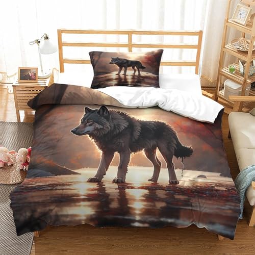 Taie d'oreiller et housse de couette loup anti-plis en microfibre