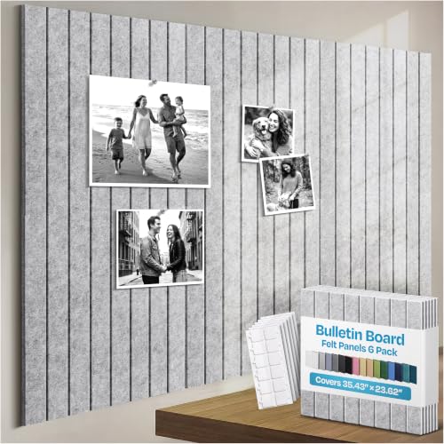 Image of Large Cork Board Alternative 6-Pack Felt Bulletin Board Thick and Decorative Pin Board for Home Office Walls 35.43 x 23.62 Inches with 36 Adhesive Tabs - [Light Gray]