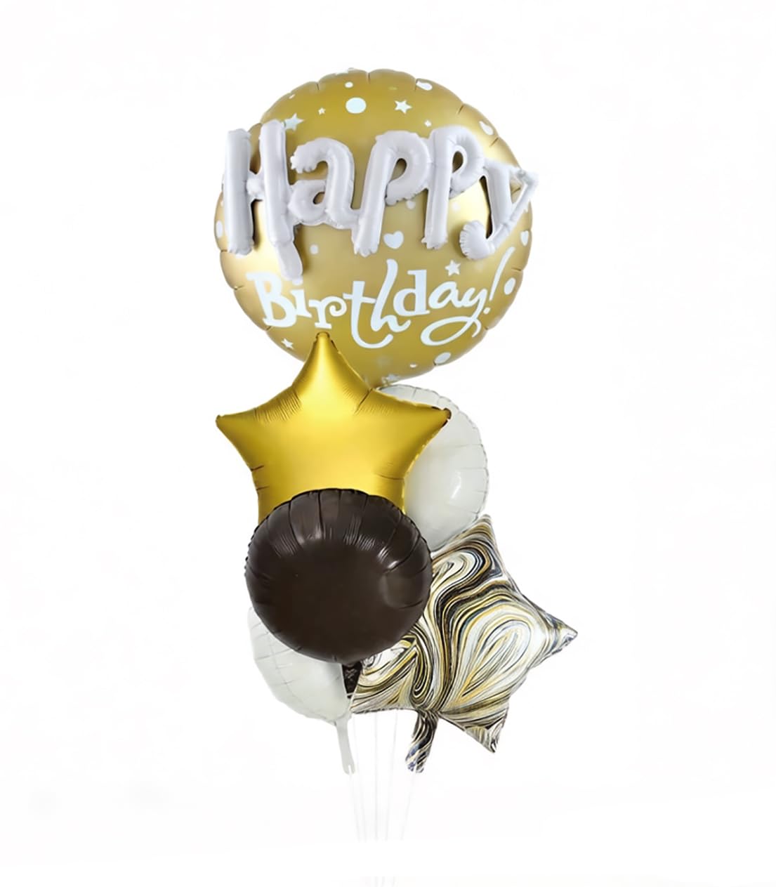 Happy Birthday Balloon Bouquet, Gold White Black, Foil Balloons, Star and Marble Design, Party Decoration