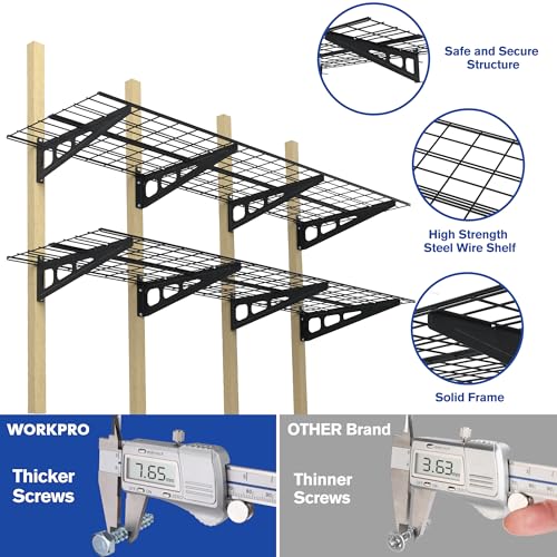 Image of WORKPRO 2-Pack 2x6FT Garage Wall Shelving, 72 inch x 24 inch Heavy Duty Wall Mounted Shelving, 800lbs Load Capacity (Total), Metal Wall Shelves Suitable for Shop, Shed, Garage Storage, Black, 1 Sets