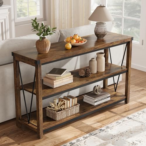 Farmhouse Console Table, 47 Inch Narrow Long Entryway Table with Storage, 3 Tier Wood Console Table for Living Room, Skinny Sofa Tables Behind Couch, Rustic Hallway Table for Entryway