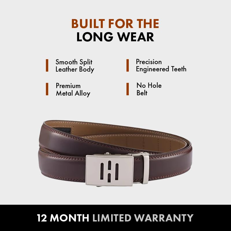Image of HALDEN BURLEY Men's Brown Ratchet Belt | Auto-Lock Leather Formal Belt with Magnetic Buckle | Adjustable Free Size Fits Up to 44 Inch Waist