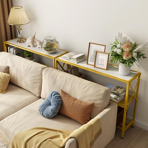 Image of Hoctieon Gold Console Table, 3 Tier Entryway Table with Shelves, Narrow Sofa Table for Hallway, Living Room, Foyer, Office, 42 inch x 12 inch, Gold and White