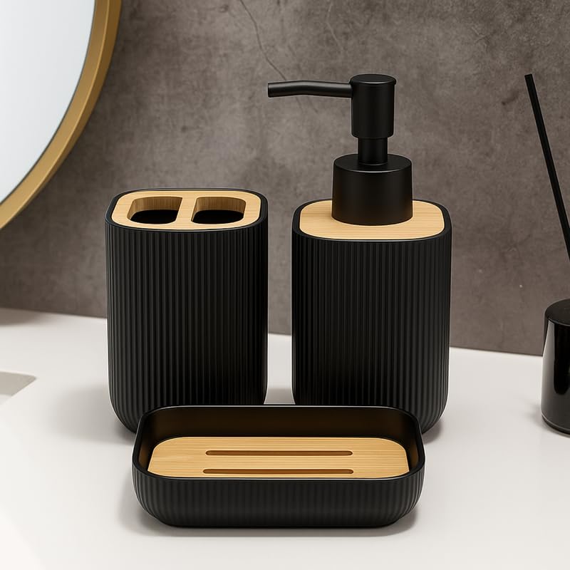 Image of KALLISTO 3Pcs Modern Bathroom Set Storage Organiser | Liquid Dispenser, Toothbrush Holder and Soap Holder for Bathroom | Bathroom Accessories | Handwash Dispenser | Soap Case | Soap Dish (Black)