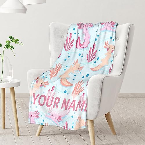 Girl Blanket - 40x50 Inches Personalized Cute Axolotl Throw - Light Blue Soft Fuzzy Blankets for Bed, Couch & Living Room