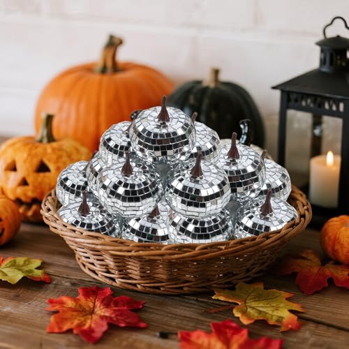 Image of winemana 12 Pack Silver Pumpkin Fall Decor | Foam Glitter, Mini Disco Pumpkins for Decorating, Artificial Crafts for Table Party, Halloween Thanksgiving Decorations