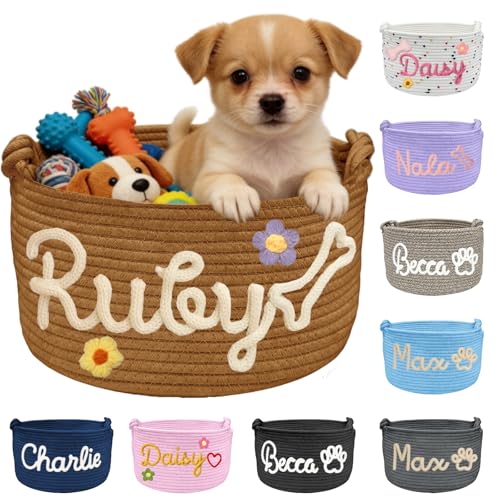 Rmaphy Personalized Dog Cat Toy Storage Basket Bin with Name Custom Puppy Cotton Rope Organizer Box for Toys Pet Supplies Puppy Birthday Gifts Basket