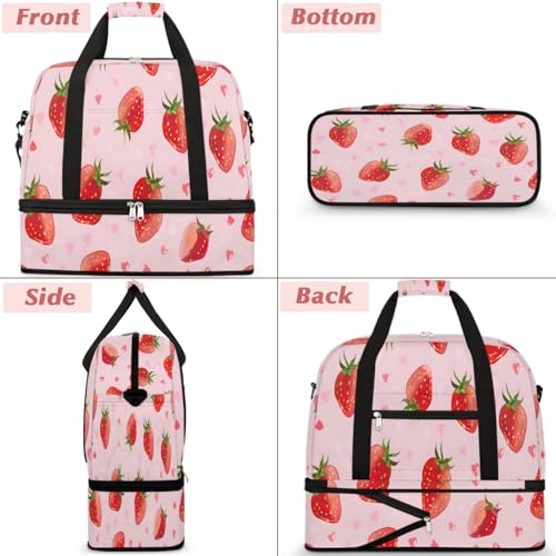 Travel Duffel Bags Heart Strawberry Pink Foldable Weekender Bags for Women with Shoes Compartment Waterproof & Tear Resistant Carry on Overnight Luggage Duffel Bag Shoulder Sports Tote Bag,B-2653