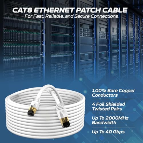 Image of Cables Direct Online Cat8 White 1FT SFTP Ethernet Patch Cable 40Gbps 2000Mhz Connection 26AWG Shielded Copper RJ45 Connectors for Modems, Routers, Networks