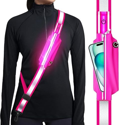 Ylzzrs Reflective Sash Gear for Walking at Night,LED Reflective Belt Safety Lights,Lights for Night Dog Walking,High Visibility Type-C Rechargeable with Phone Holder for Men Women(Pink)
