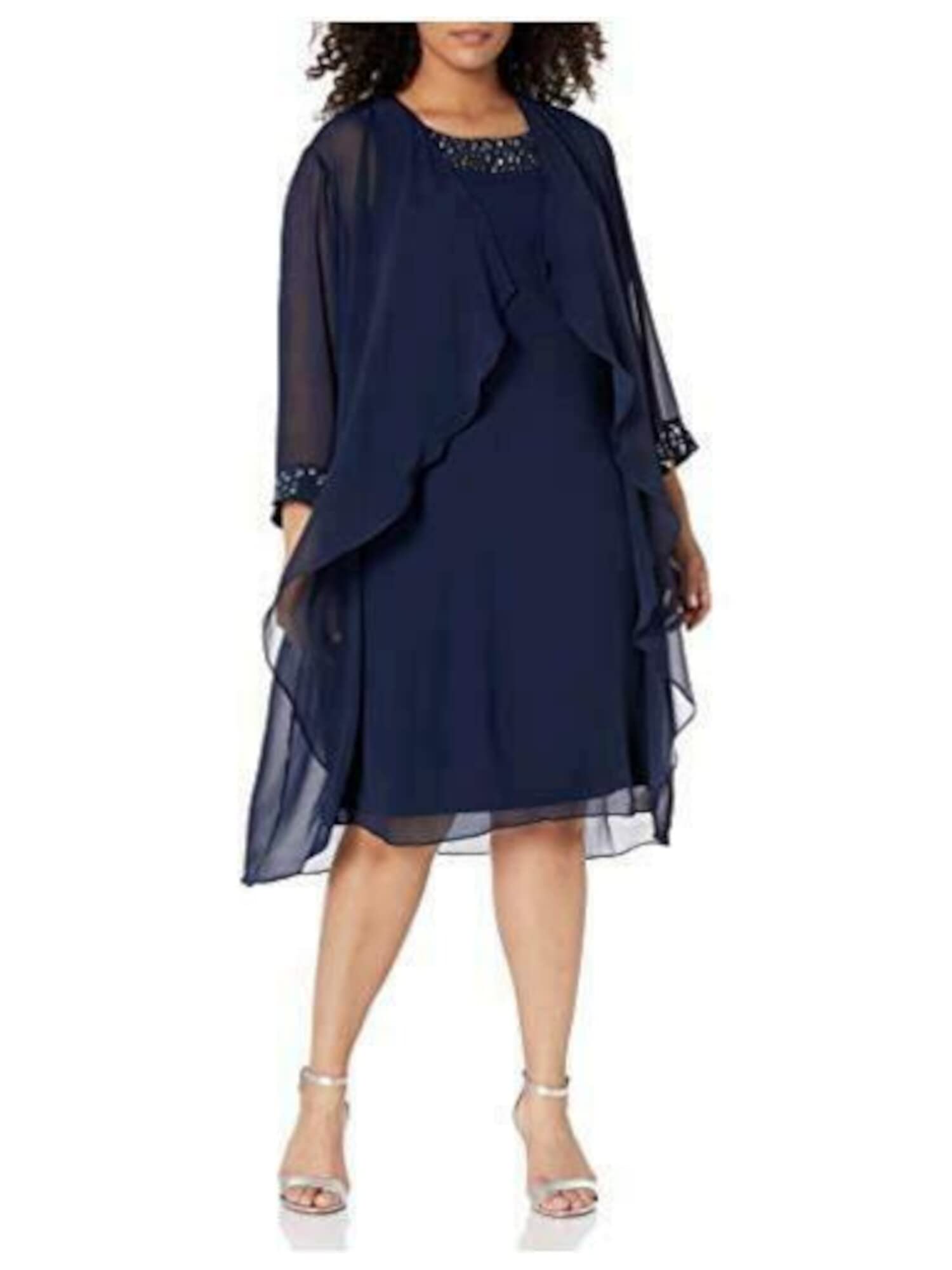 S.L. FashionsWomen's Plus Size Chiffon Tier Jacket Dress with Bead Neck