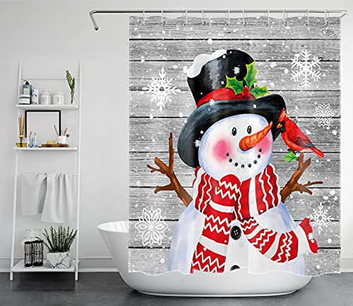 Lb Christmas Snowman Shower Curtain, Winter Holiday White Snowflakes On Rustic Vintage Grey Wood Boards Shower Curtains, Funny Snowman With Red Scarf Bathroom Curtains Set With Hooks, 60X72 Inches #TOP1