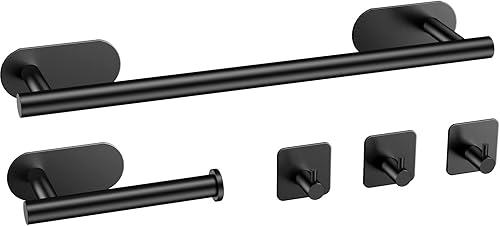 Miniatura 1 de TOOGOND - Toallero autoadhesivo de 5 piezas de accesorios de baño color negro mate SUS304 para montaje en pared, incluye toalla de baño de 16