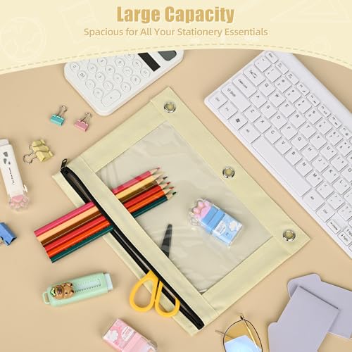 Image of Lanpn Pencil Pouch for 3 Ring Binder 6 Pack, Aesthetic Binder Pen Bags with Zipper, 3 Holes Pencil Pouches Organizer for Boy Girl Kids School Student, Reinforced Grommets & Clear Window, Beige
