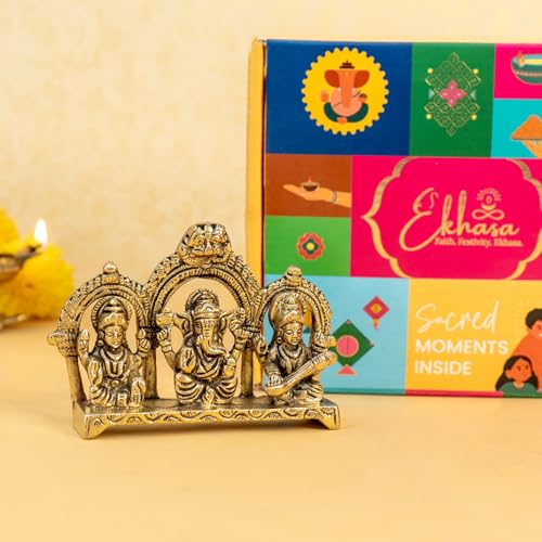 Image of Ekhasa 100% Pure Brass Lakshmi Ganesh Saraswati Idol with Gift Box | God Idol Brass Showpiece for Home Decor Pooja Room | Religious Housewarming Grah Pravesh Diwali Wedding Gift