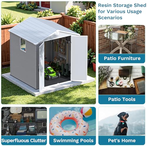 Image of Devoko 6x6 FT Plastic Outdoor Storage Shed - Lockable Resin Tool Shed with Window & Floor - Easy Assembly for Garden, Backyard, Light Gray