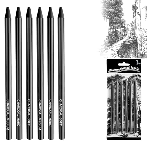 Yeenano Carboncino Matita,Set di Matite a Carbone,Carboncini per Schizzi,Matite Nere a Carbone,Disegno Professionale Kit Disegno per Dipingere Schizzi Design Art (2 Morbide + 2 Medie + 2 Dure)