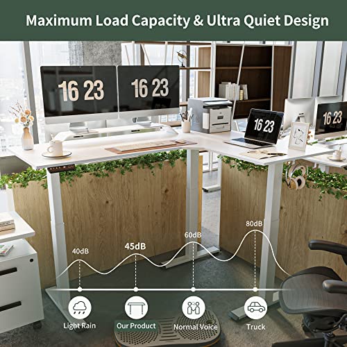 Image of FEZIBO 75 Inches, Supports Over 300lbs, Large L Shaped Standing Desk, Electric Height Adjustable L Shaped Desk, Suitable for Home Office, White Frame /White Top