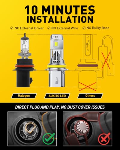 Image of AUXITO Halogen Replacement for 9007 /HB5 Bulbs, 33,000LM 900% Brightness 6500K Cool White, Canbus Ready, Wireless Plug and Play Fog Light Daytime Running Lights, Pack of 2