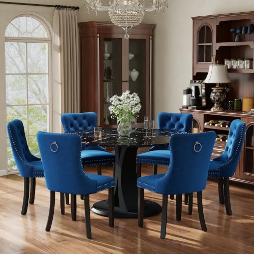 Image of 7-Piece Dining Table Set for 6 with 47 In Black Faux Marble Round Table