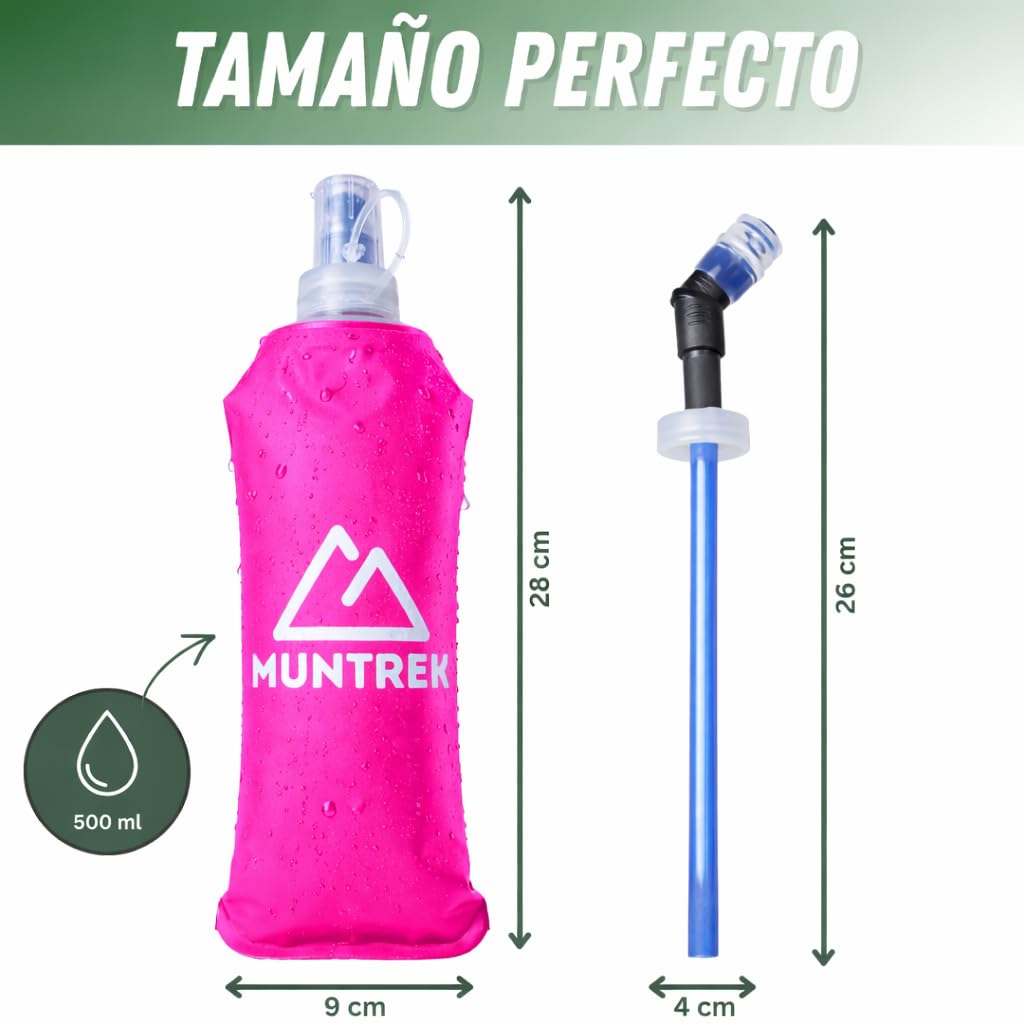 Soft Flask 500ml Pack de 2 con Pajita Extensible, Botellas Flexibles para Trail Running, TPU Sin BPA (Rosa) - 2