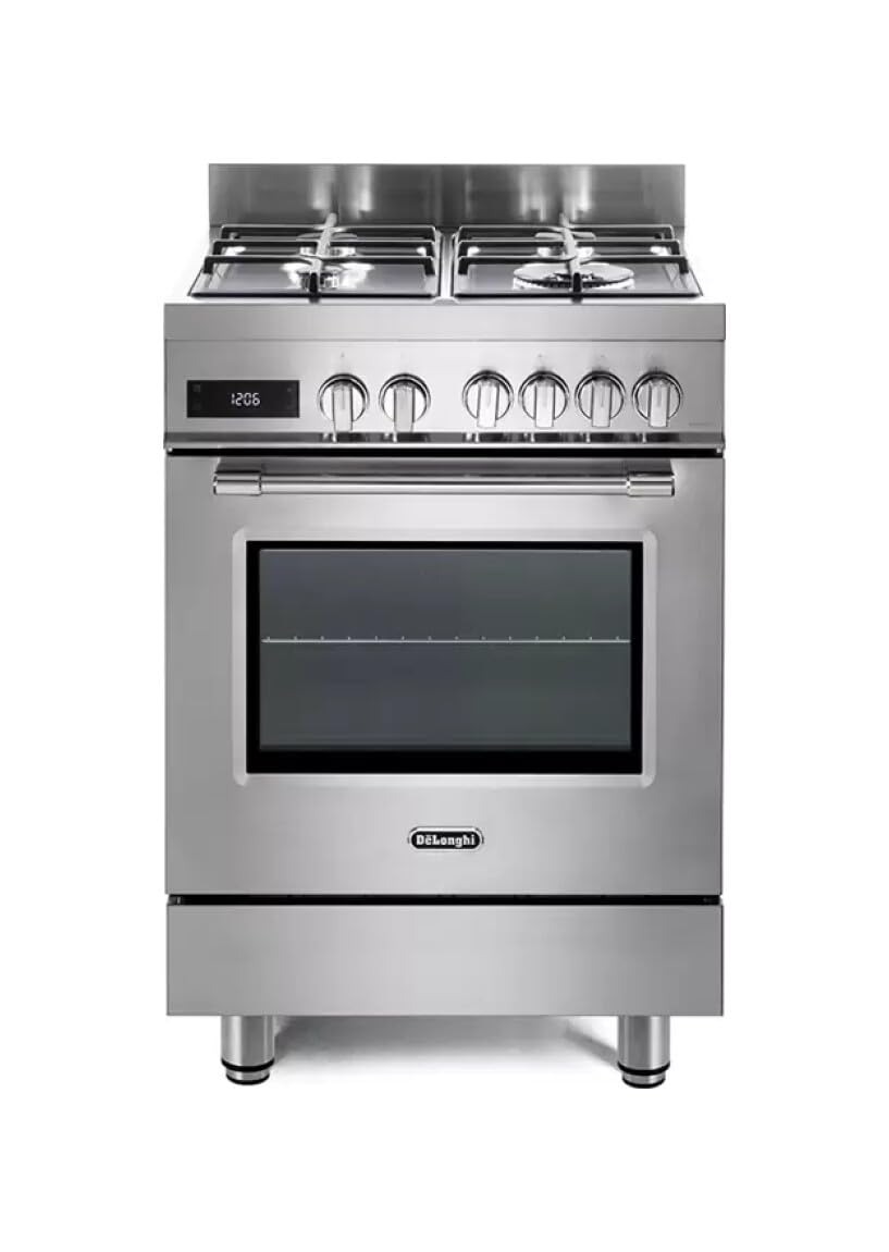 De'Longhi PRO 66 MXL PZ Cucina A Gas, 60 Cm, Forno Elettrico Multifunzione, 4 Bruciatori, 1 Doppia Corona, Linea Professional, Master Pizza, Easy Steam, Idroclean, Classe Energetica A