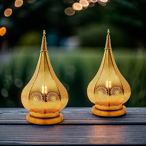 Juego de 2 farolillos orientales de metal Ezana dorado, 36 cm, farolillos marroquíes para exteriores o interiores, portavelas marroquíes, para colgar o colocar de pie