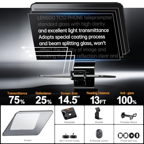 Image of Teleprompter for Smartphone,LENSGO TC12P 14.5-Inch HD Wide-Angle Beam Splitter Glass,On-the-Go Teleprompter Supports iPad /Tablet with Bluetooth Remote for YouTube, Zoom, TikTok & Vlogging