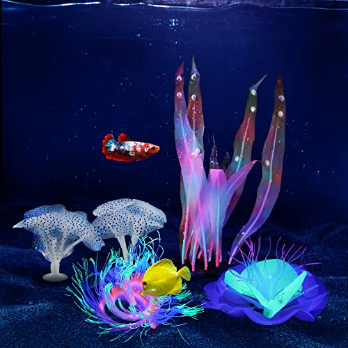 Image of Lpraer 5 Pack Glow Aquarium Decorations Kelp Big Small Anemone Lotus Coral Simulation Glow Plant Glowing Effect Silicone for Fish Tank Decorations