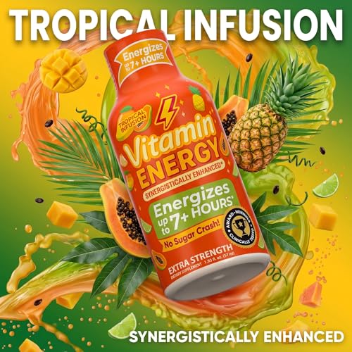 Image of Vitamin Energy Tropical Infusion Extra Strength Energy Shot, 24 Pack - Up to 7 Hrs, 260mg Natural Caffeine, Zero Sugar - BCAAs + CoQ10, Focus Support, B12 B6 Niacin, 1.93 fl oz, Keto Vegan
