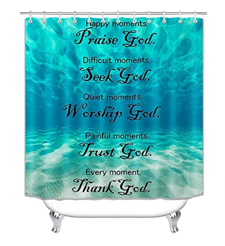 OLEBETY 4PCS Teal Blue Ocean Shower Curtain Set, Positive Motivational Inspirational Quotes Nautical Coastal Hawaii Beach Bathroom Decor, Waterproof Fabric Shower Curtain, Non-slip Bath Mat Toilet Rug - Image 2