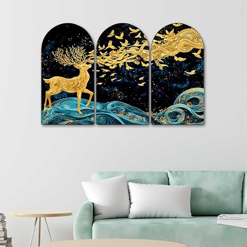 Image of Livin'luxe Golden Deer Arch Shape Wall Painting Set of 3 | Blue Wave & Night Sky Art Panels | Modern MDF Textured Triptych for Living Room, Bedroom, Hall & Home Wall Decor (20 x 30 Inch) RPNS-35387
