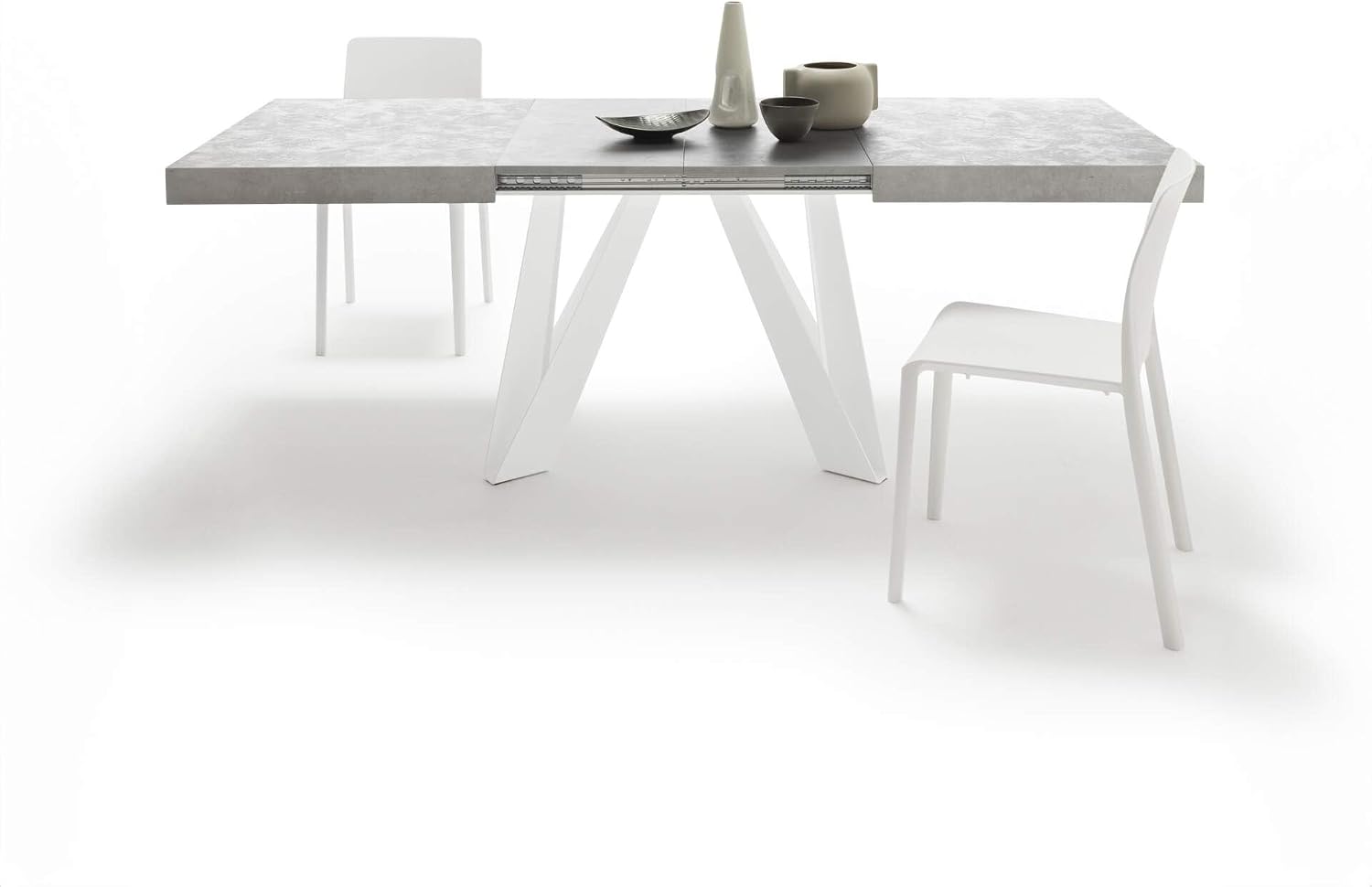 Mobili Fiver, Romina Extendable Table 55.1(86.6) x35.4 in, Concrete Grey Effect with White Iron Legs, for 6-10 People, Expandable Dining Table for Kitchen, Living Room, Italian Furniture