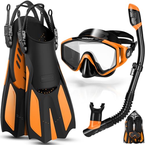 Odoland Juego de esnórquel para Adultos 3 en 1 con Gafas antivaho y Tubo seco, Aletas Ajustables, Equipo de Buceo para Nadar/Esnórquel