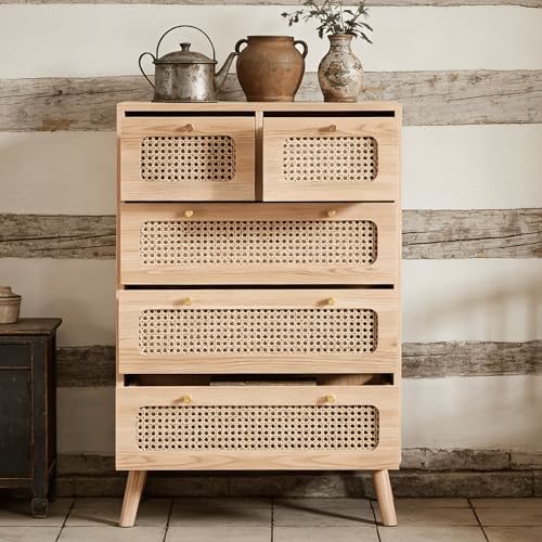 Julyue Cómoda de ratán con cajones, armario de madera vintage, cómoda grande, para dormitorio, salón (5 cajones)