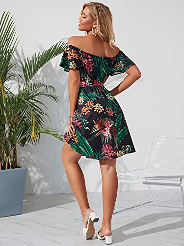 Image of Off Shoulder Ruffle Dress for Women, A-Line Mini Dress with Belt, Fitted Bust Summer Wedding Guest Dress