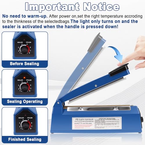Image of 8 Inch Impulse Sealer, Manual Heat Sealer Machine for Mylar Bags, Shrink Wrap Bag Sealers Sealing Machine for Plastic PE PP Bags with 3 Free Replacements Kit Element Grip, Blue