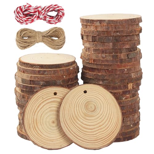 Dischi Legno Grezzo 7-8 cm,40 Pezzi Dischetti Legno con fori,Fette di legno naturale con 2 fili di cotone,Perfetto per fai da te,artigianato,matrimoni,decorazioni natalizie