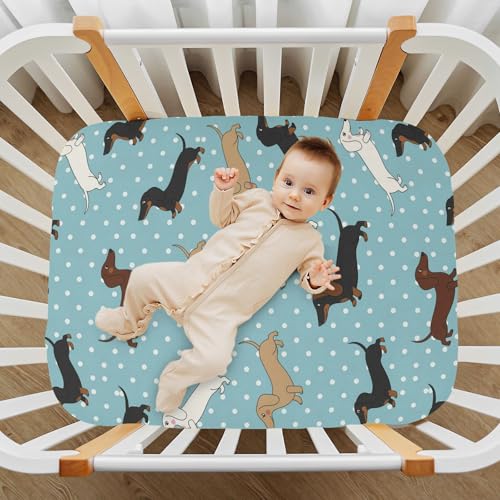 Image of Dachshund Dogs Polka Dots Blue Fitted Crib Sheet for Boys Girls Baby Crib Bedding Set for Crib Mattress,52 X 28 in
