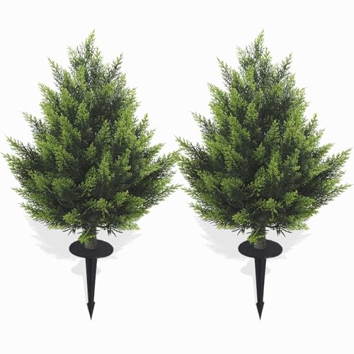 R's Ceder Artificial Topiary Cedar Tree 2FT Faux Little Bush Cedar Tree UV Resistant Shrub Potted Artificial Plant for Outdoor Indoor Front Porch Garden (2 Pack)