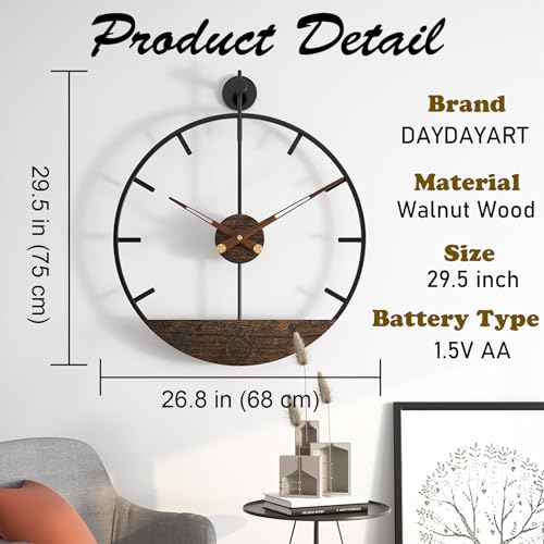 Image of Modern Wood Walnut Dial Wall Clock, Large Simple Wall Decor Metal Frame Silent Non Ticking Clock for Living Room, Kitchen, Bedroom, Study Decoration, Handmade Home Present Idea, 29.5 in