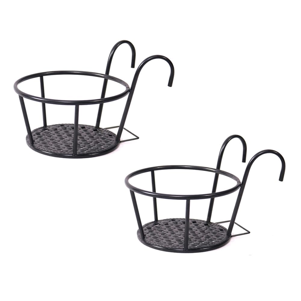 2 PCS Iron Hanging Shelf Planter Basket With Hooks, Hanging Round Balcony Plant Shelf For Indoor Outdoor Garden Porch Fence Decoration (Black)