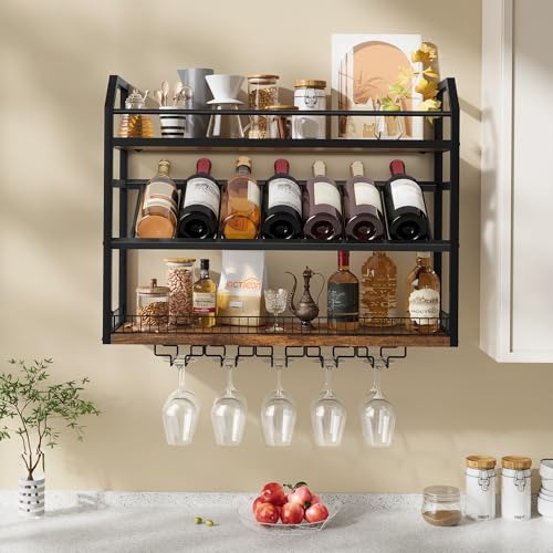 Image of Hoctieon Wall Mount Wine Rack, Wall Mounted Wine Bottle Rack for Display and Storage, Hanging Bottle Holder, for Living Room, Dining Room,Bar, Wine Cellar, Rustic Brown