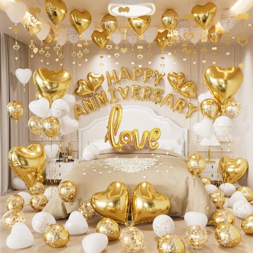 Adeyoo Happy Anniversary Decorations Gold and White Romantic Balloons Set with Love & Heart Foil Balloons Happy Anniversary Balloons Banner and Silk Rose Petals for Valentines Day & Sweetest Day