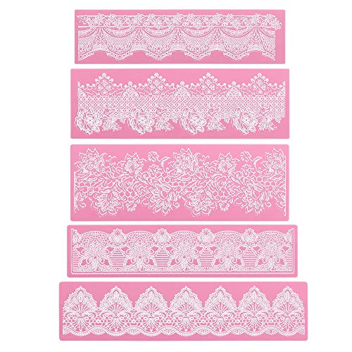 Lace Molds for Cake Decorating, Beasea 5pcs Lace Fondant Molds Silicone Lace Molds, Lace Mats and Molds Pink Flower Pattern Silicone Molds for sugar lace Craft Tools