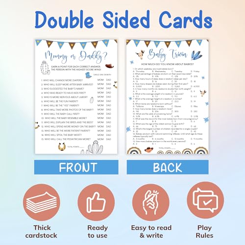 WOODAMORE Cowboy Baby Shower Games for Boy - Western Baby Shower Bingo Cards, Funny Trivia Word Scramble Mommy Or Daddy Game Activities for 25 Guests — view 3